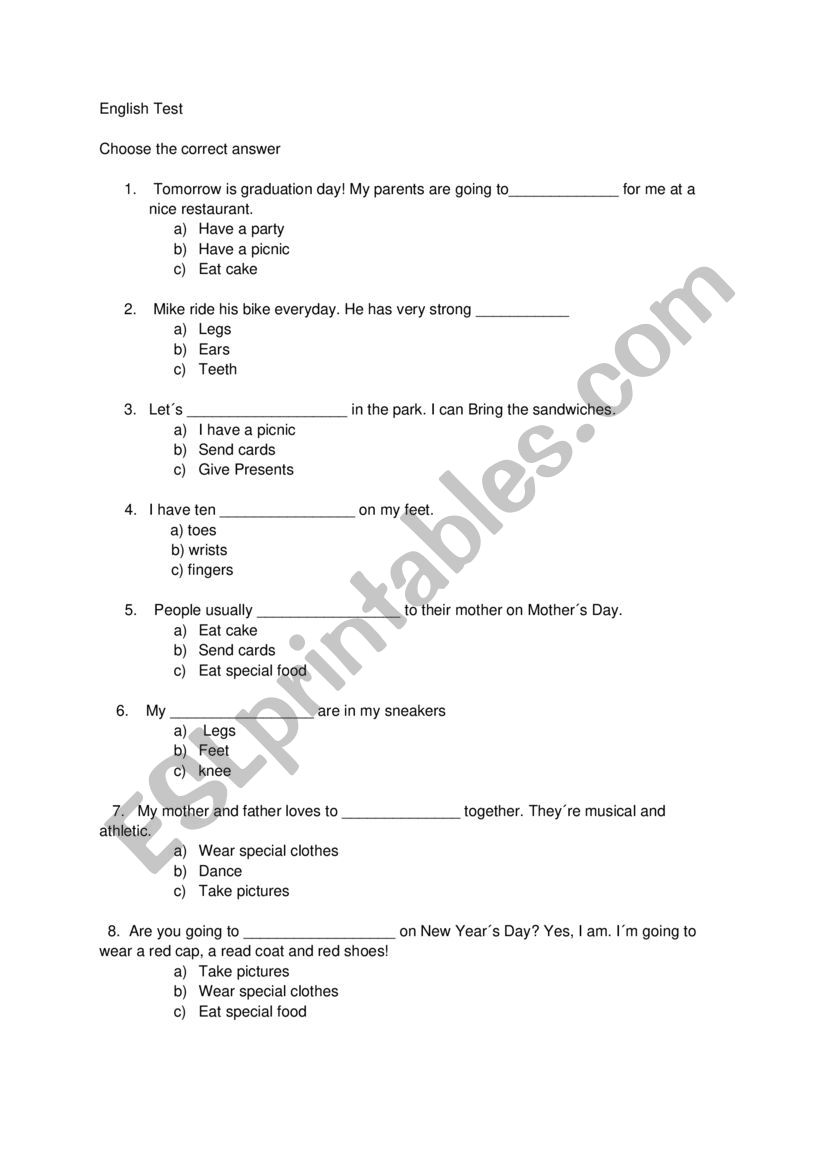 English test for 5th grade worksheet
