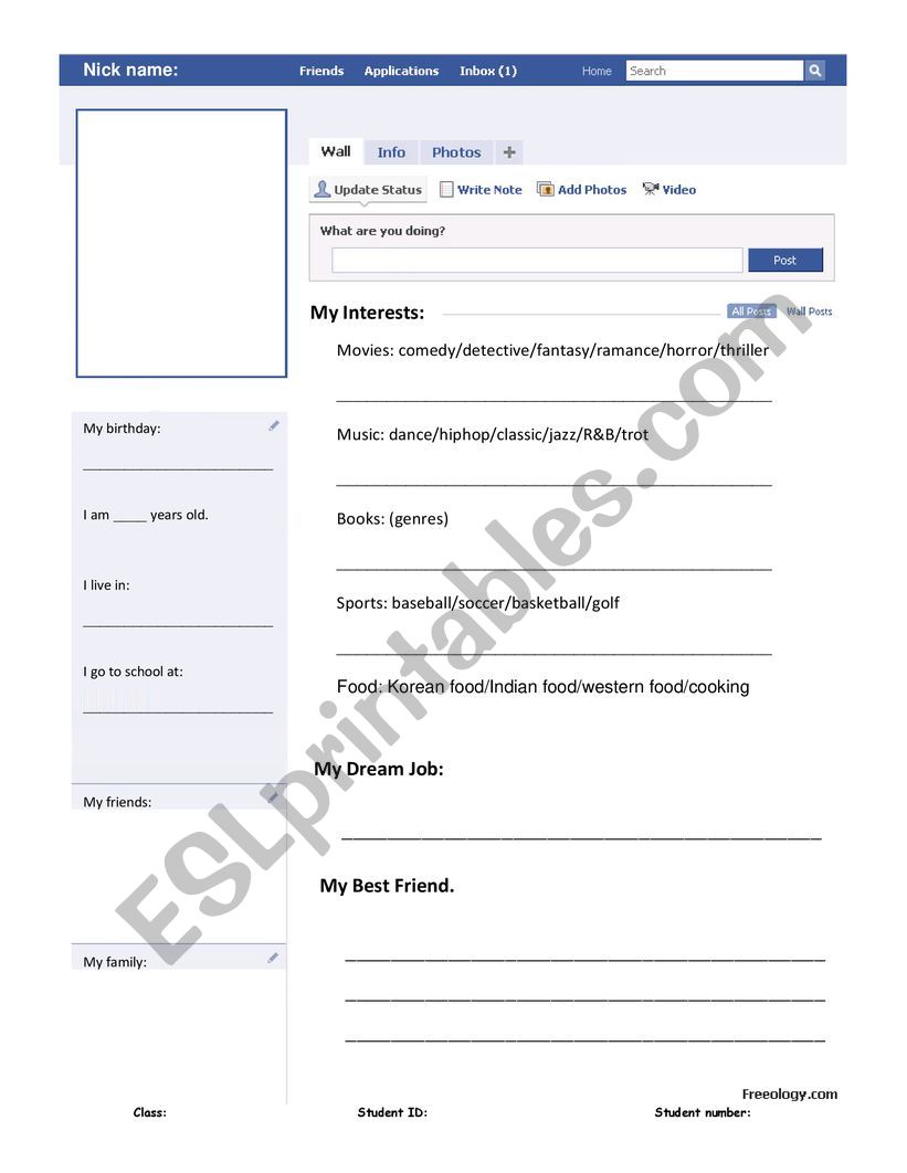 FACEBOOK PAGE WORKSHEET worksheet