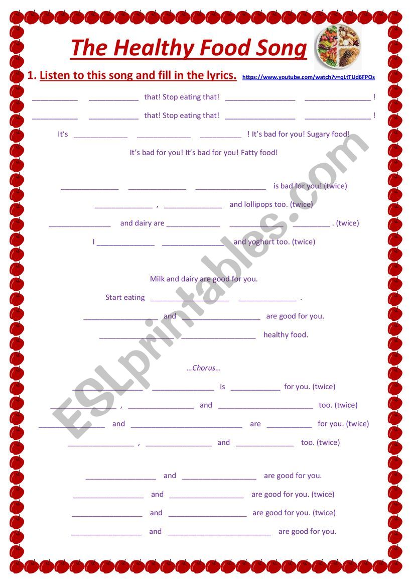 THE HEALTHY FOOD SONG worksheet