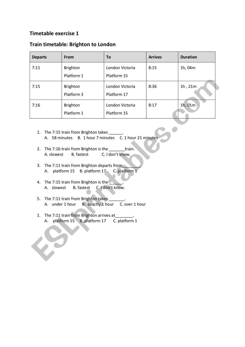 Train timetable exercises worksheet