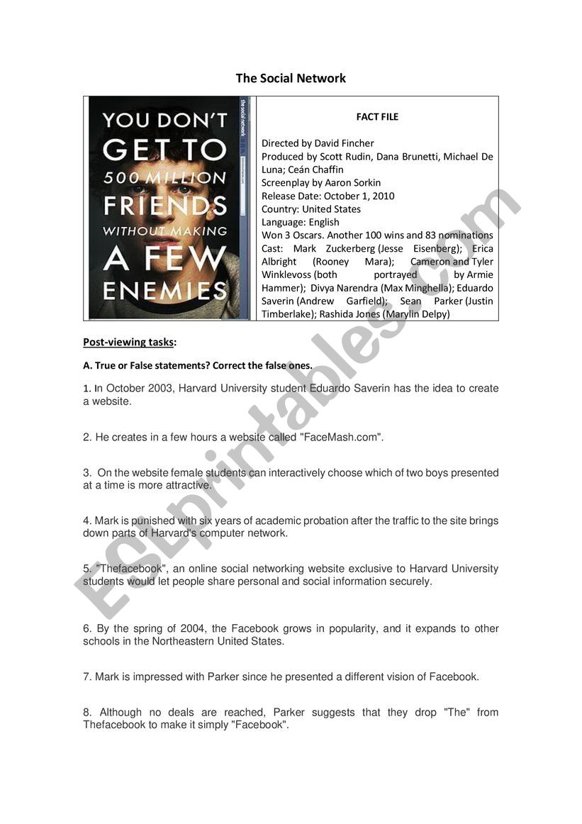 The Social Network worksheet