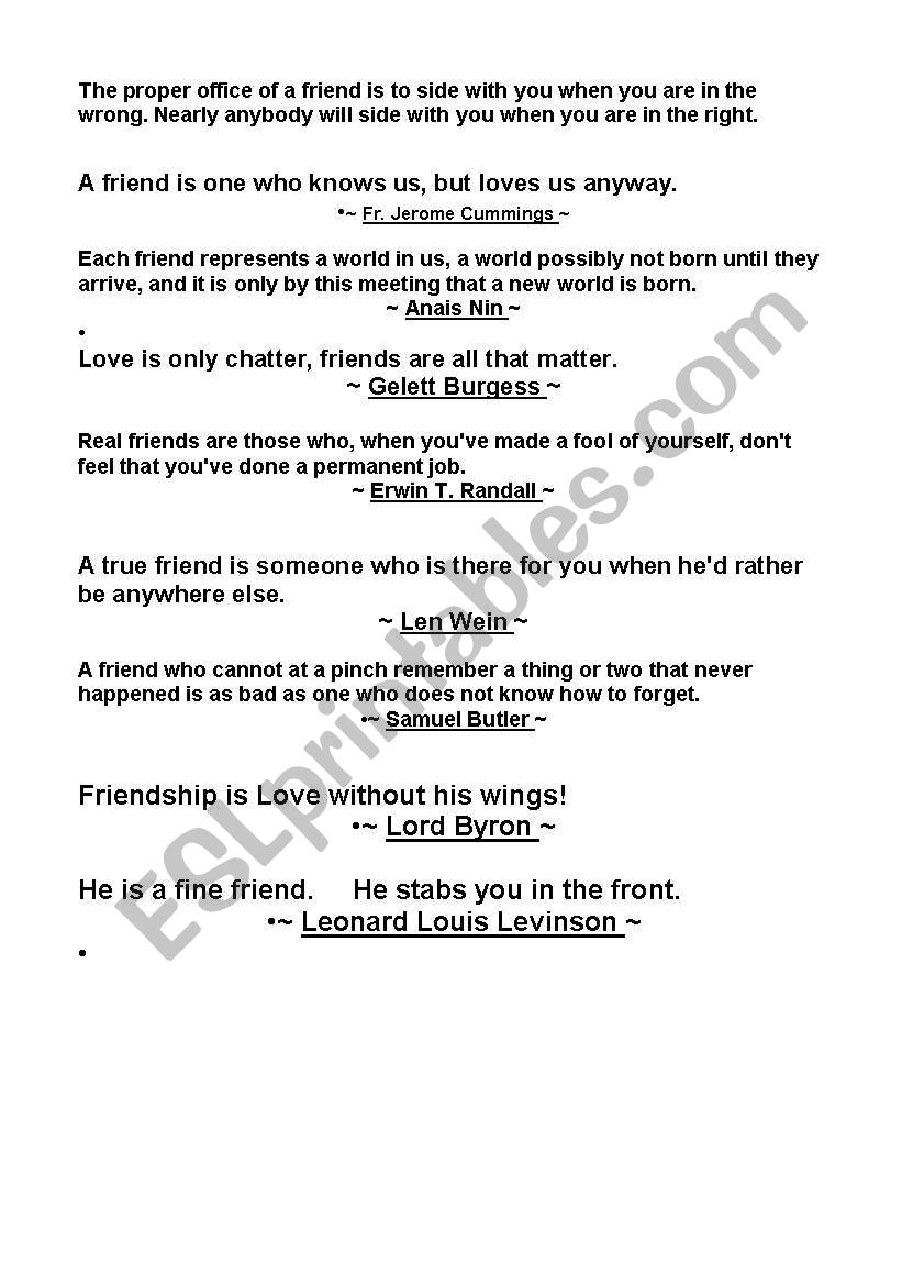 Friendship quotations worksheet