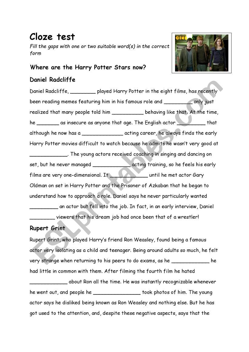 Cloze test Harry Potter worksheet