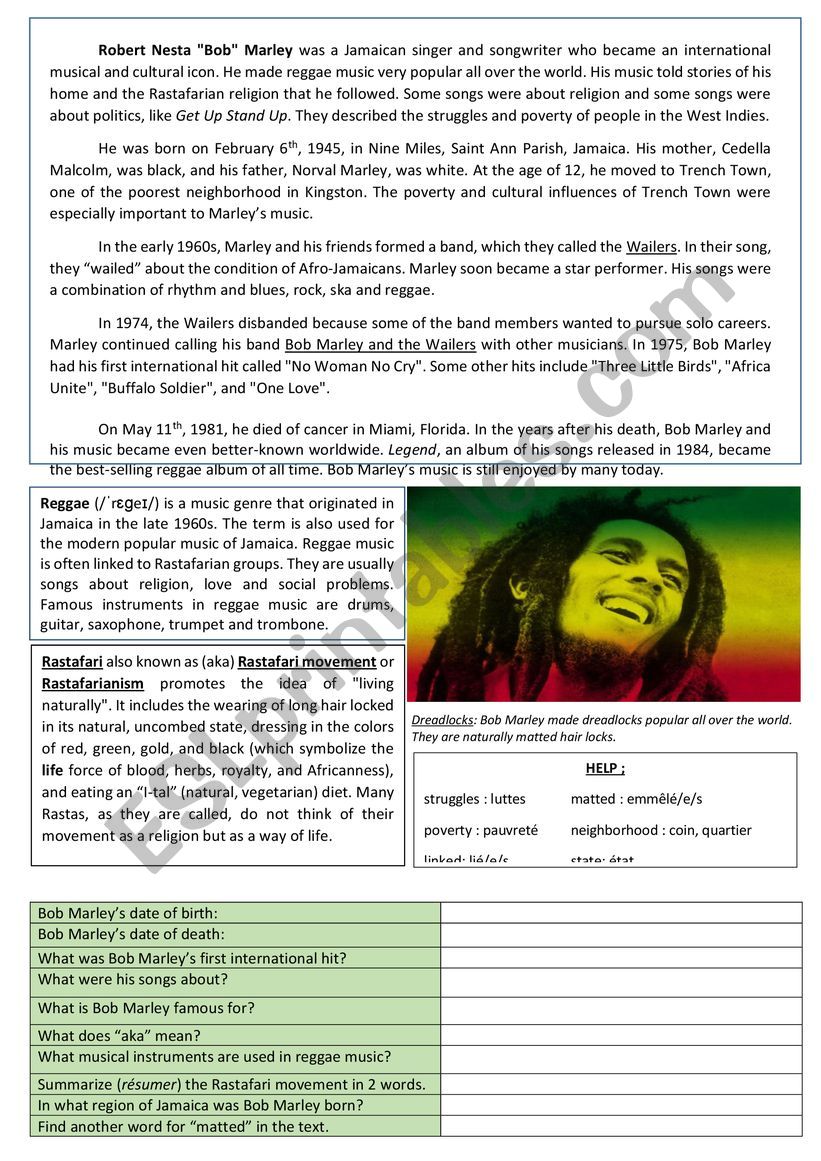 About Bob Marley in Jamaica worksheet