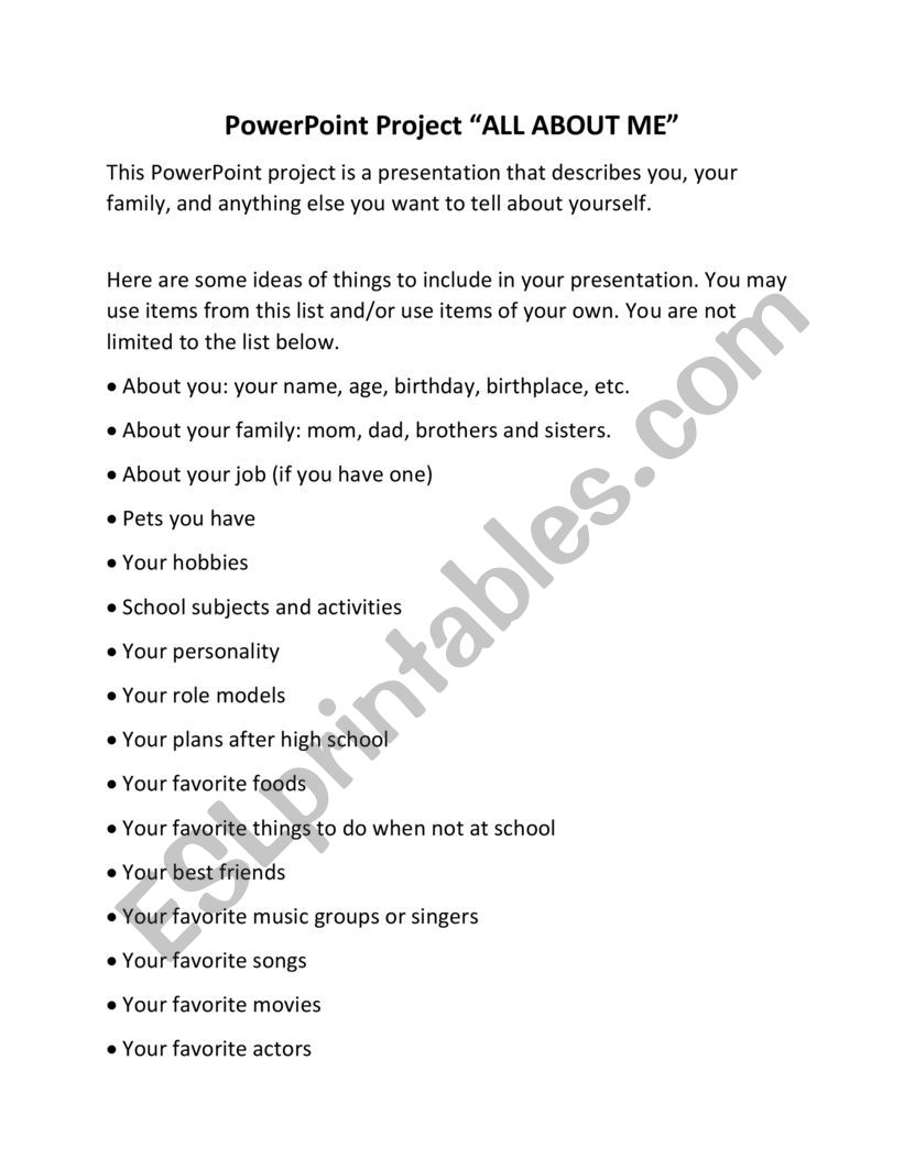 All About Me Powerpoint worksheet