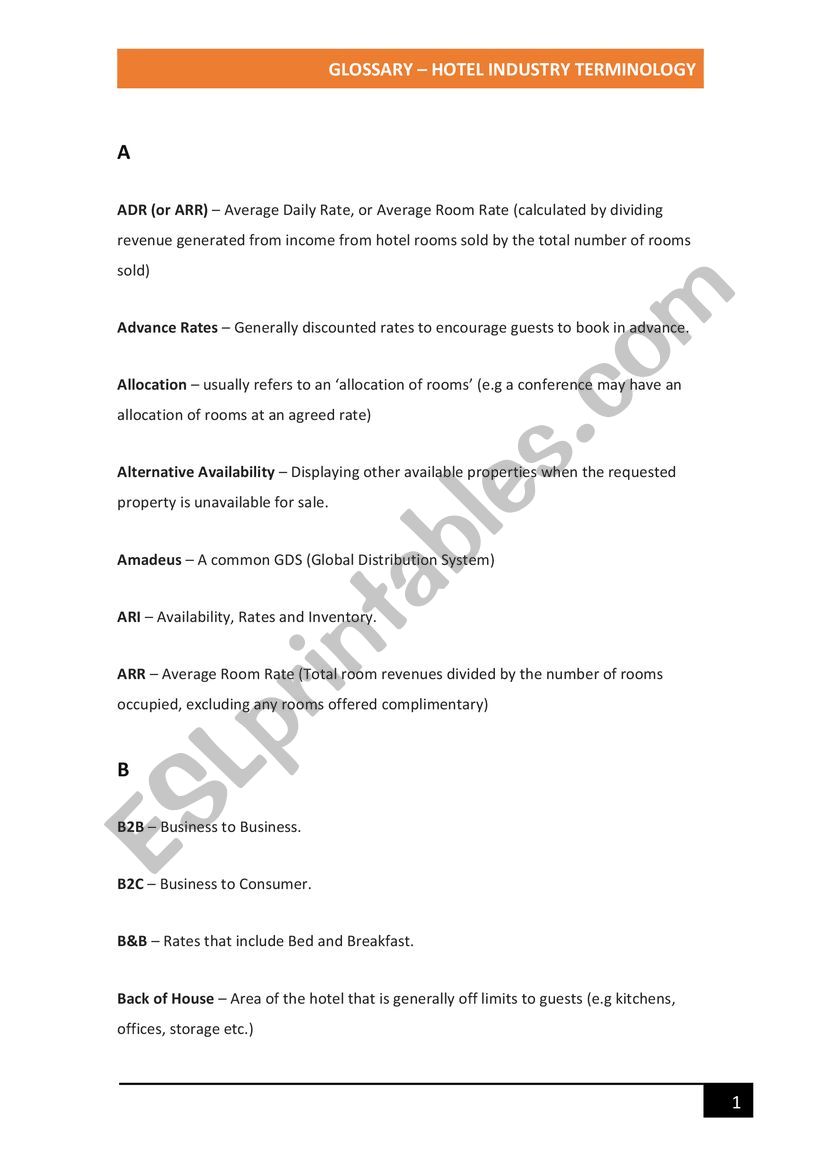 Hotel Industry Glossary worksheet