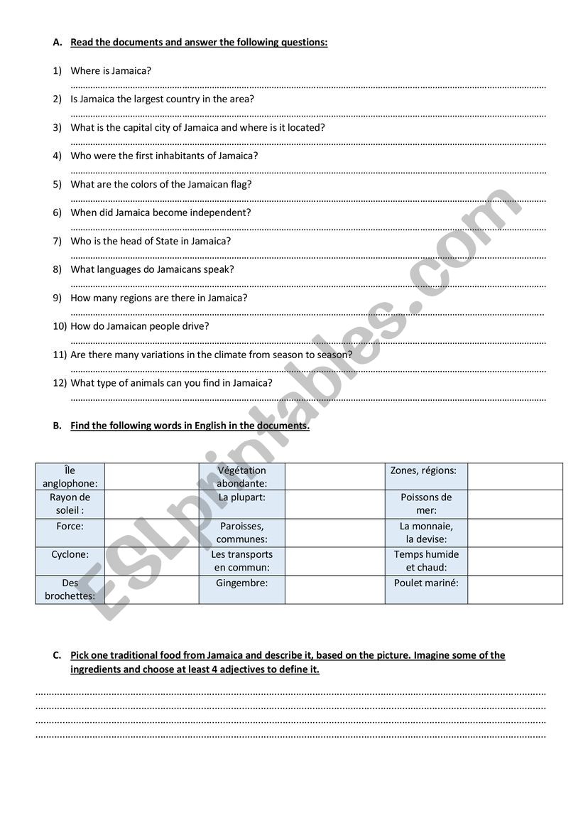 LEARN ABOUT JAMAICA WORKSHEET worksheet