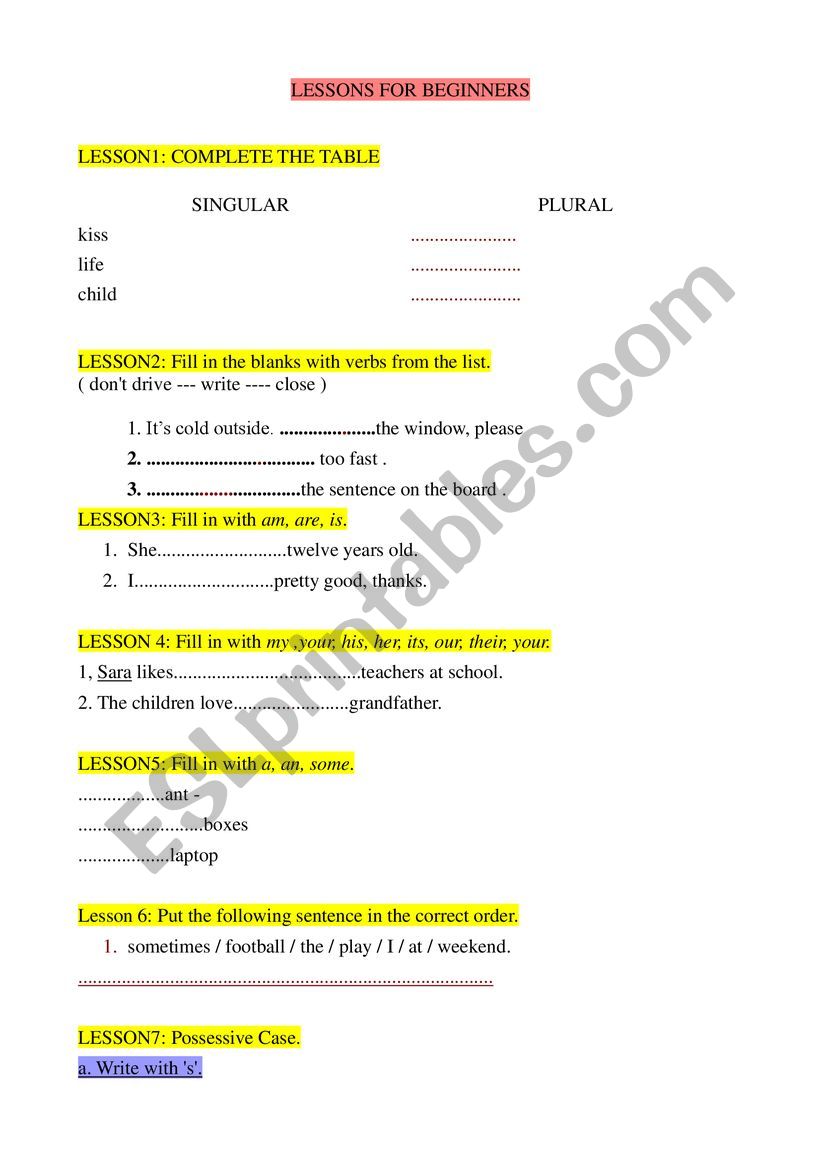 PRACTICE BEGINNER LESSONS worksheet