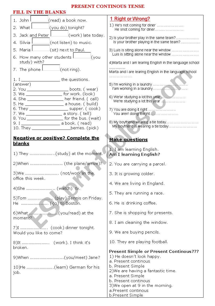 Present Continous Tense worksheet