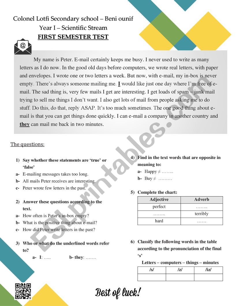 E-mail worksheet