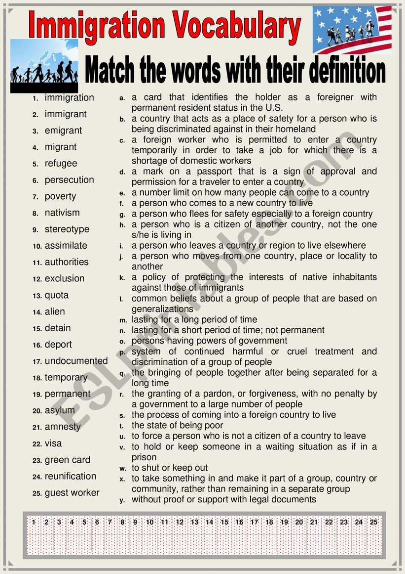 Topical Vocabulary - Immigration vocabulary and definitions. Matching ex... + KEY