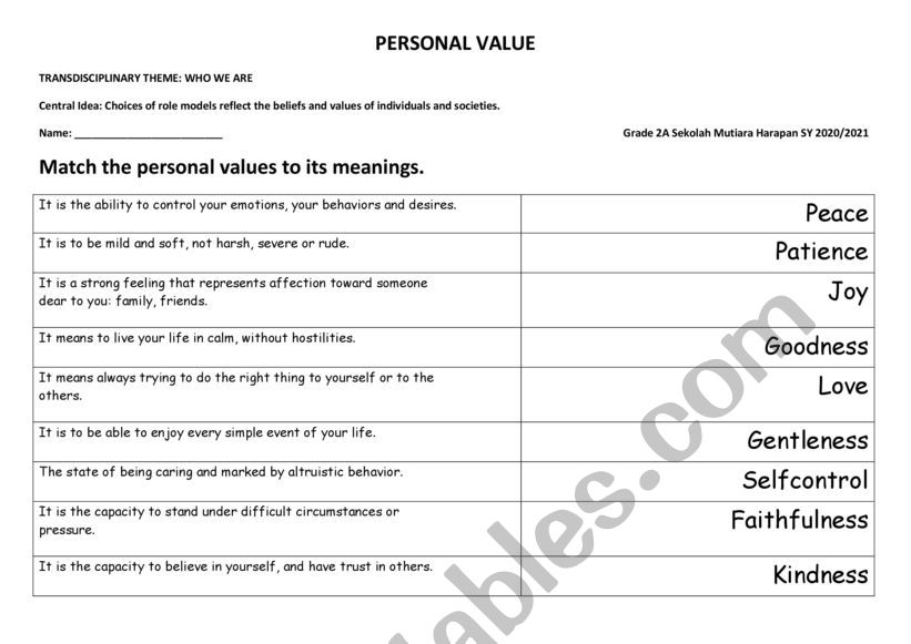 Matching the value and its meaning