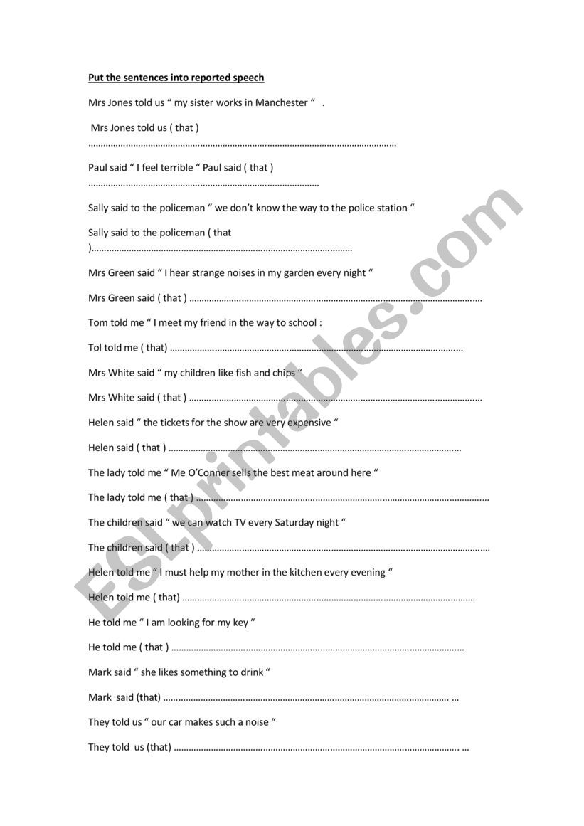 Reported Speech worksheet