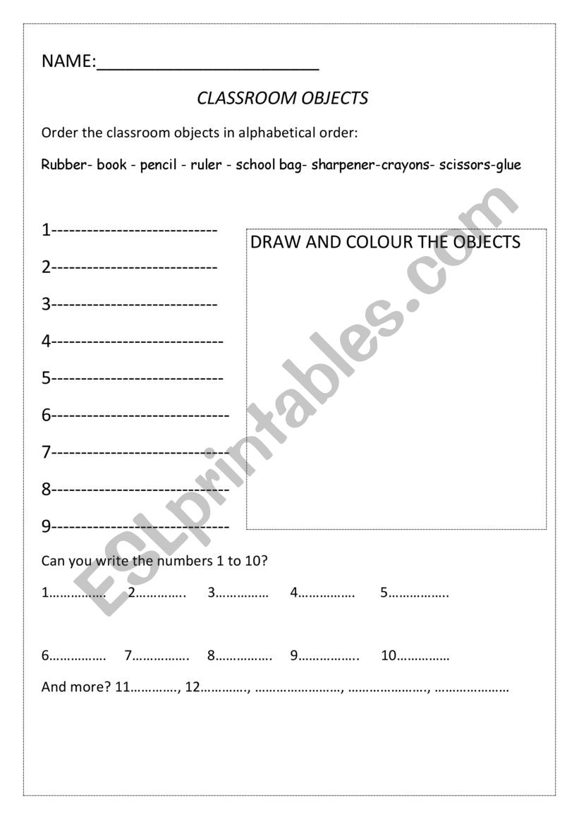 School objects worksheet