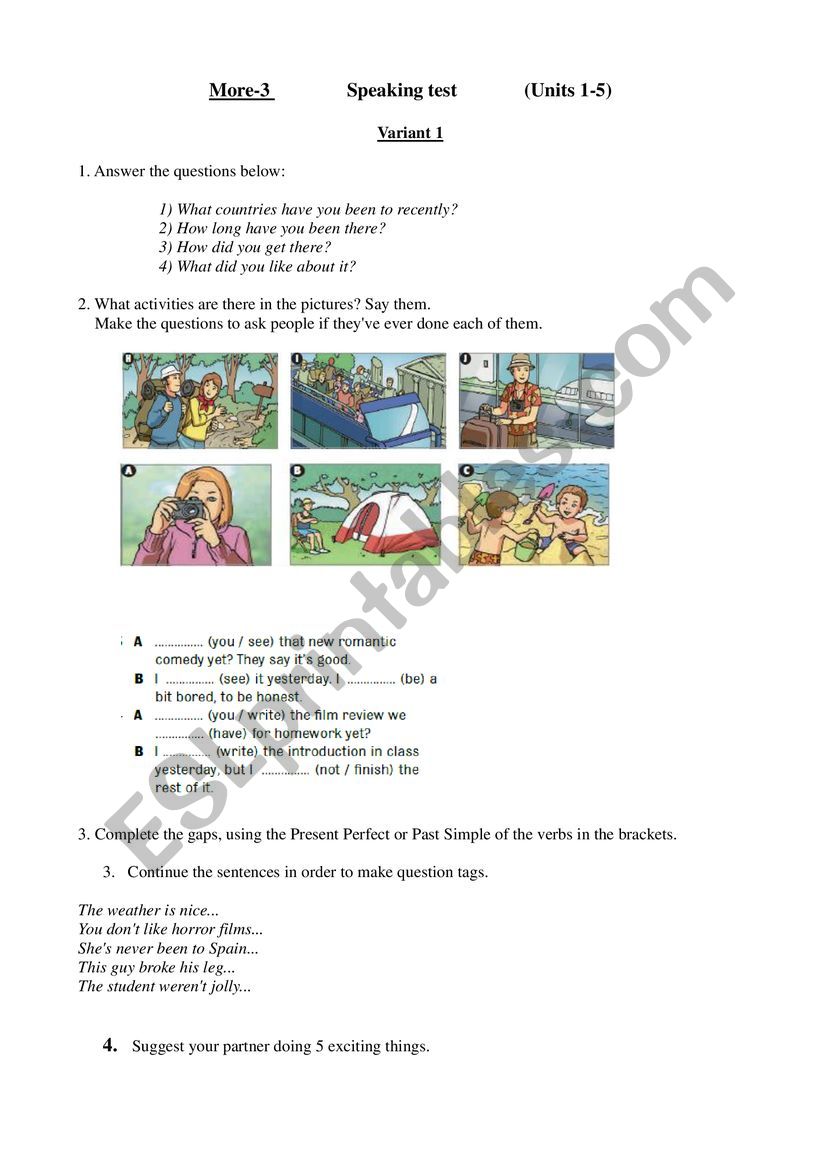 More 3 Speaking test (Units 1-5)
