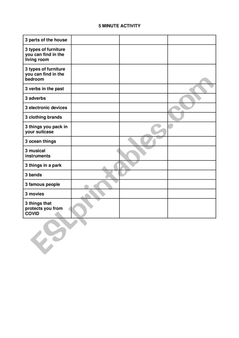 5 Minut Activity worksheet