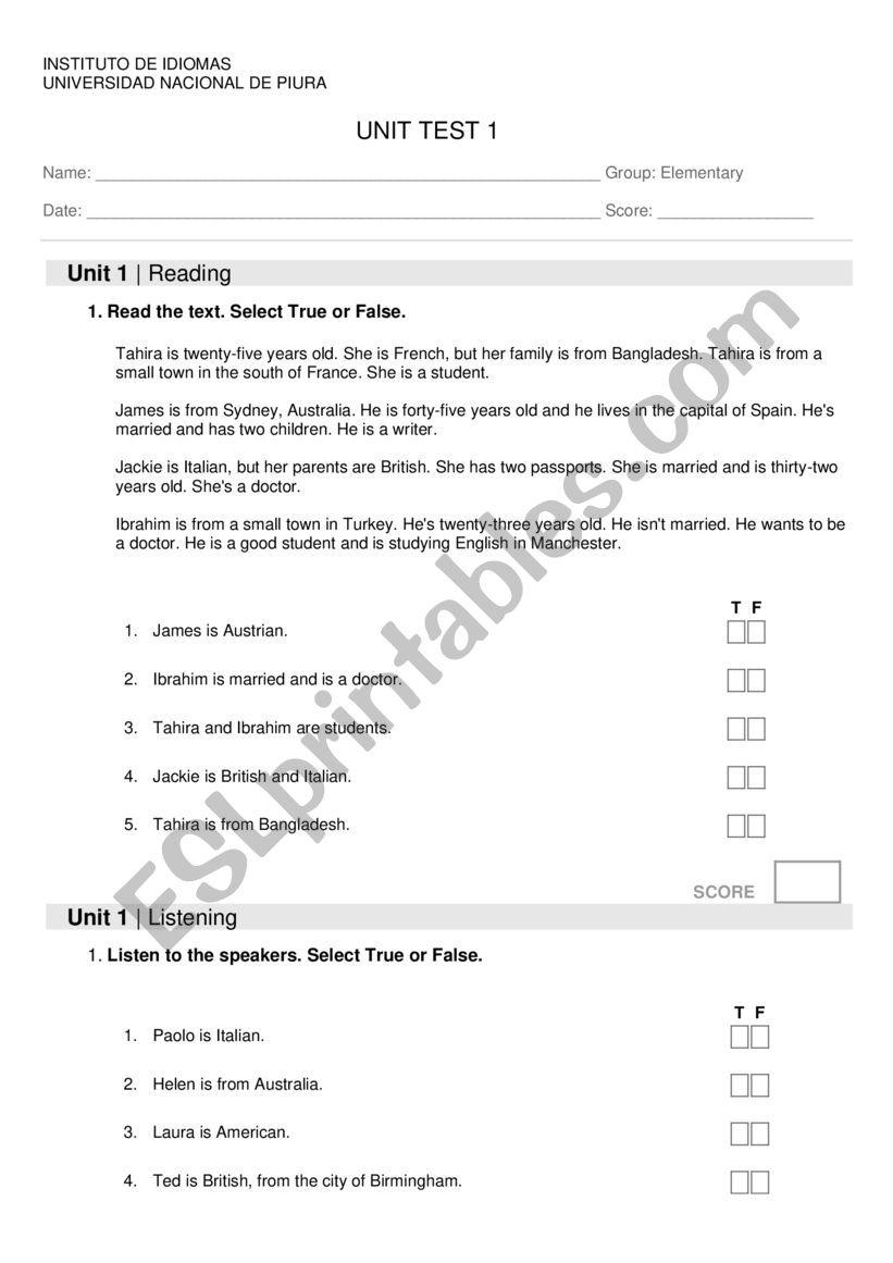 ELEMENTARY TEST worksheet