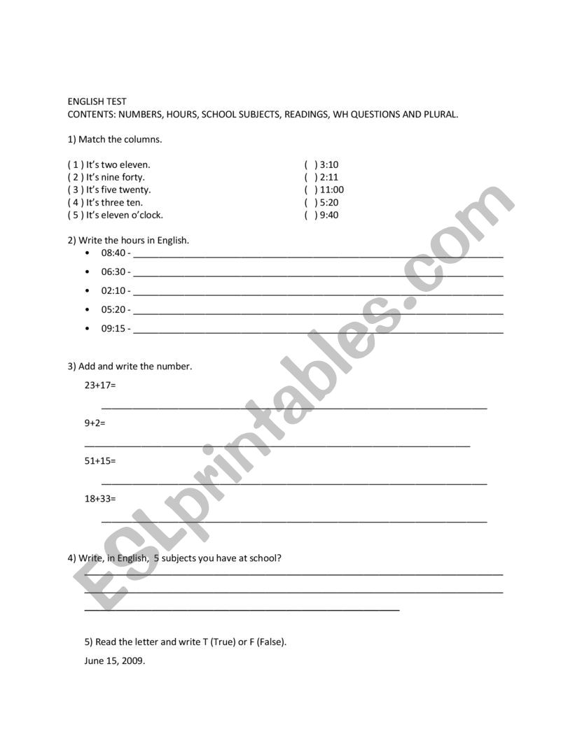 ENGLISH TEST worksheet