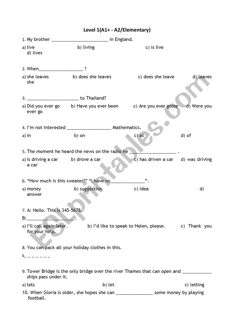 Test A1-A2  worksheet