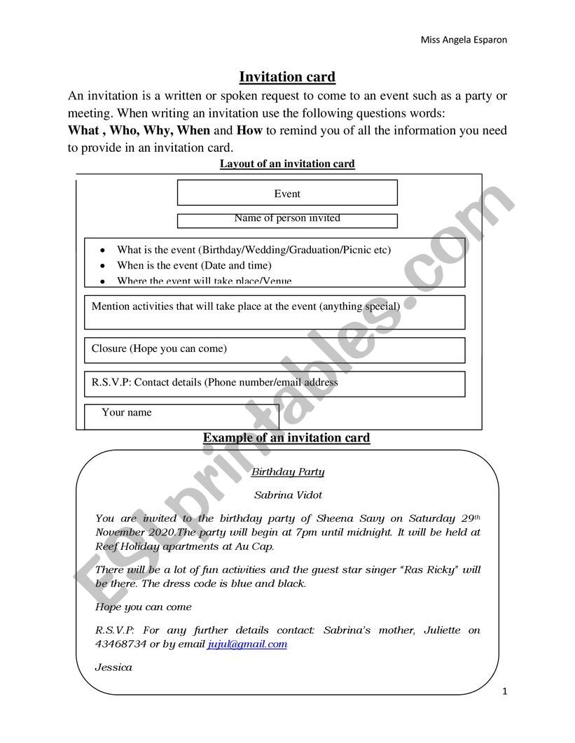 Invitation Cards (Activities) worksheet