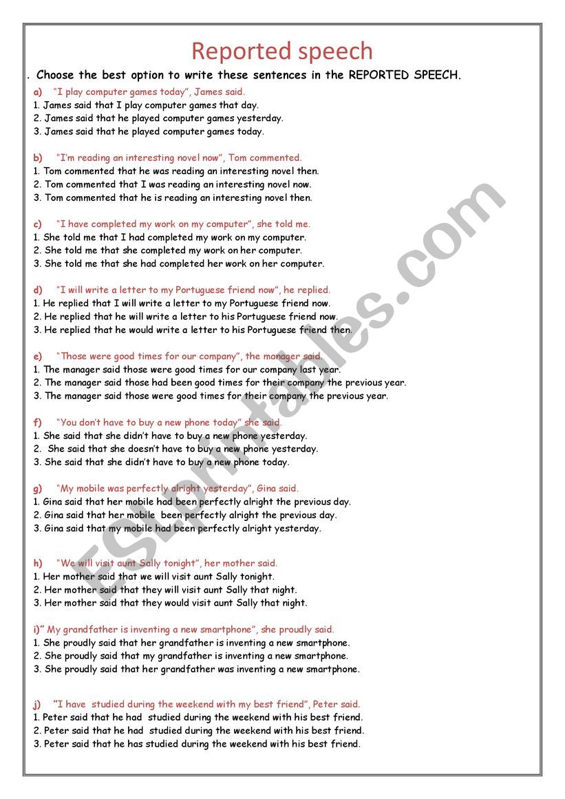 Reported speech worksheet