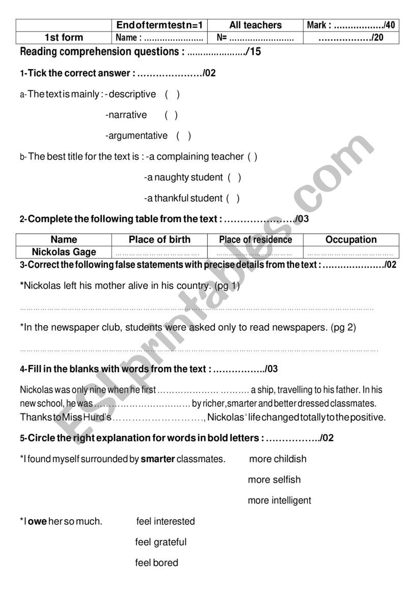 end of term test1 (1st form) worksheet