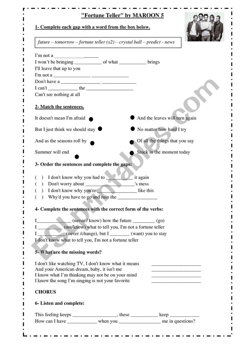 Fortune teller song worksheet