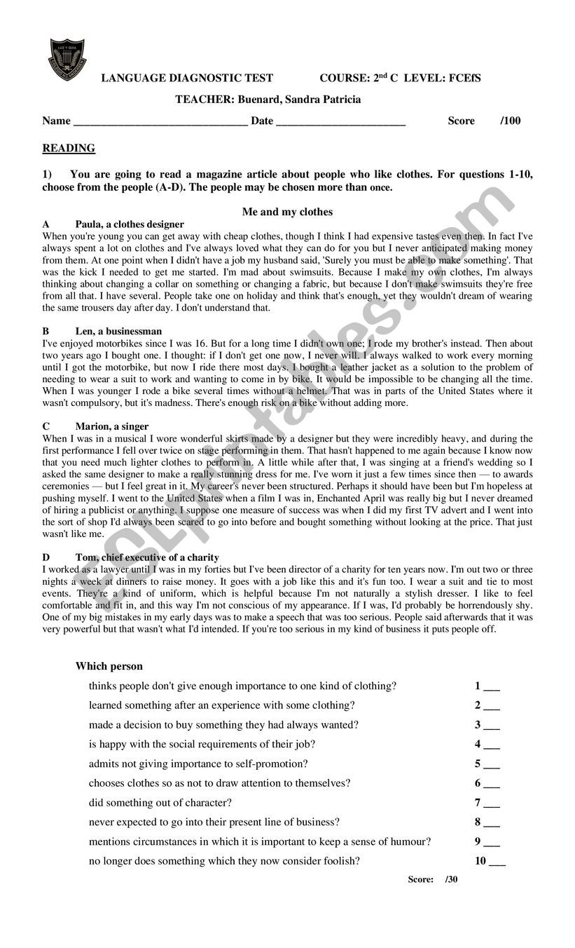 Diagnostic Test worksheet