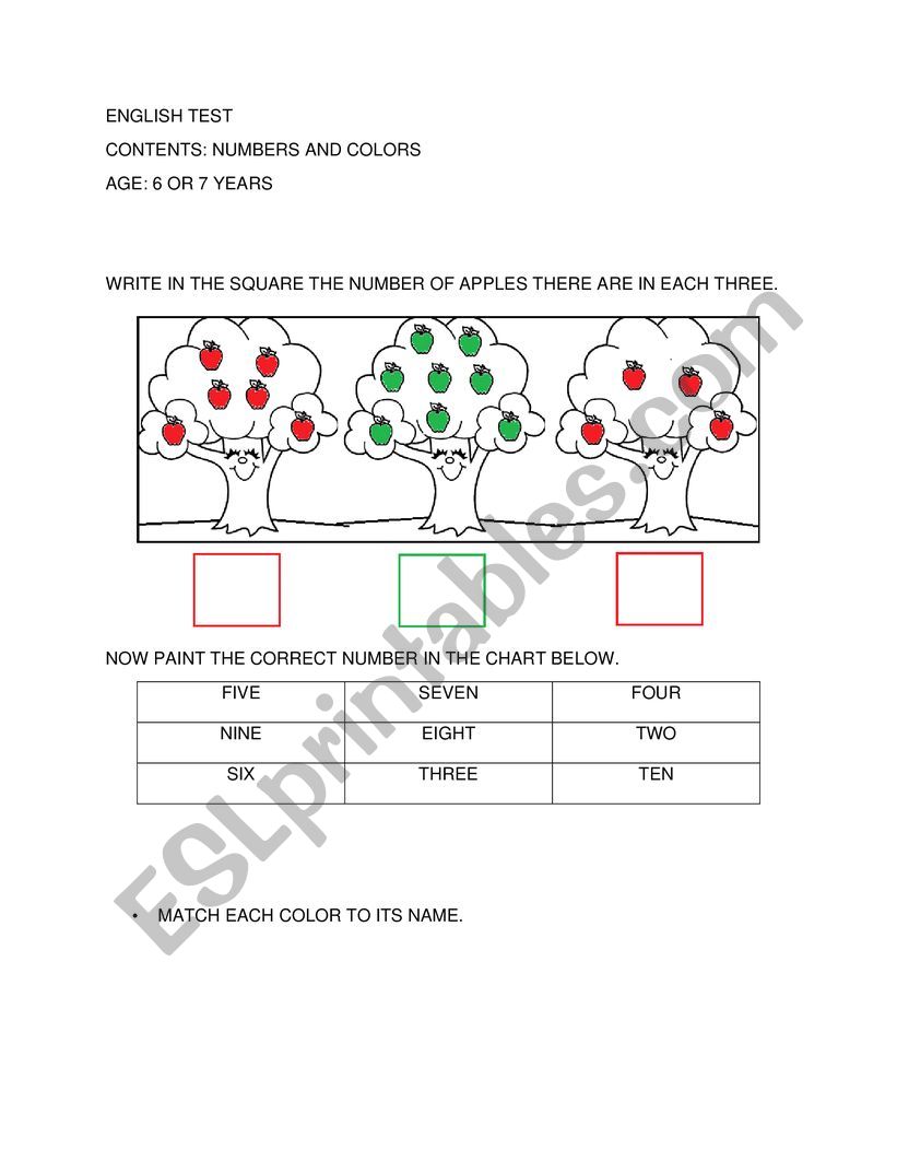 ENGLISH TEST - NUMBERS AND COLORS