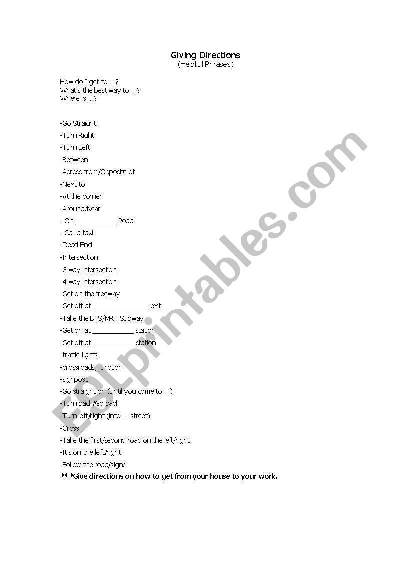 Giving Directions Vocabulary worksheet