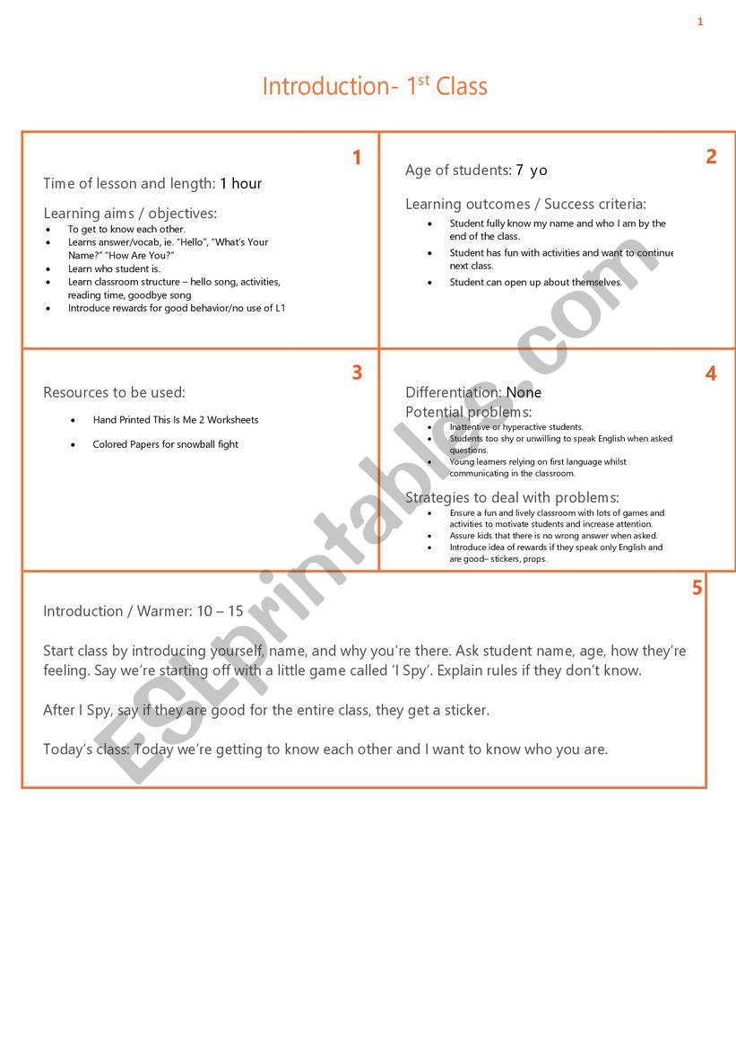 ESL First Class1st Grade Lesson Plan 