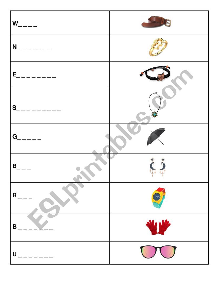 Accessories  worksheet