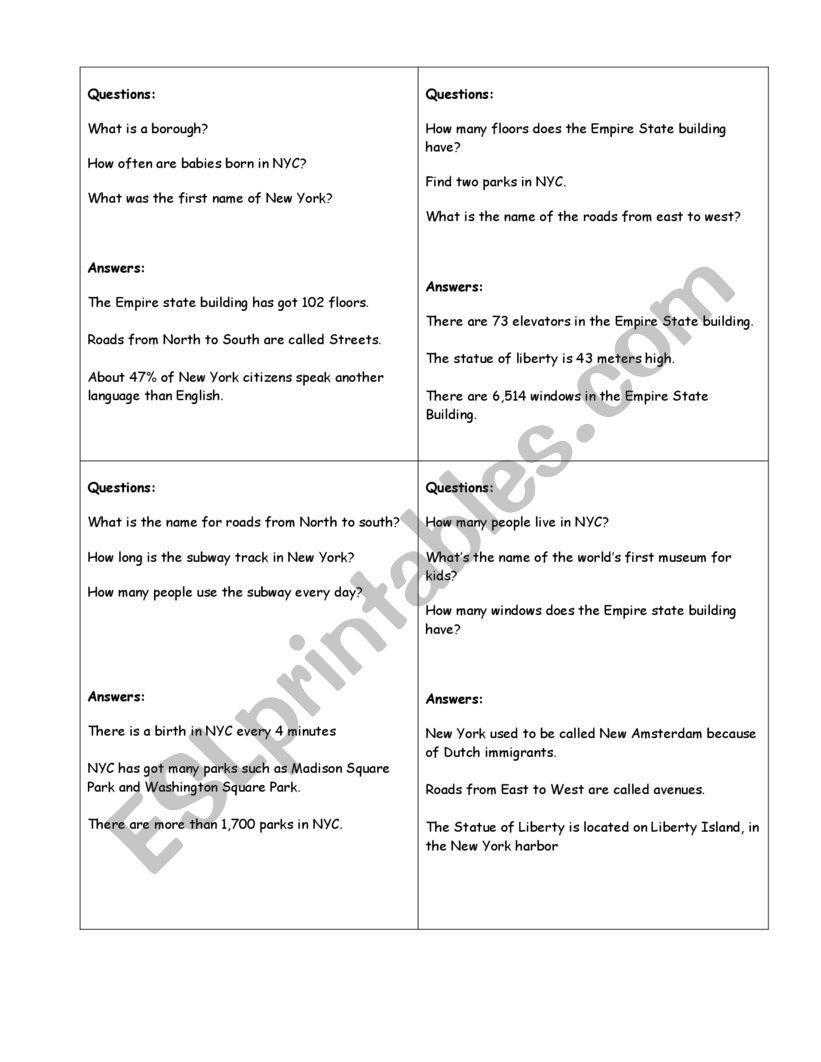Trivia Search New York City worksheet