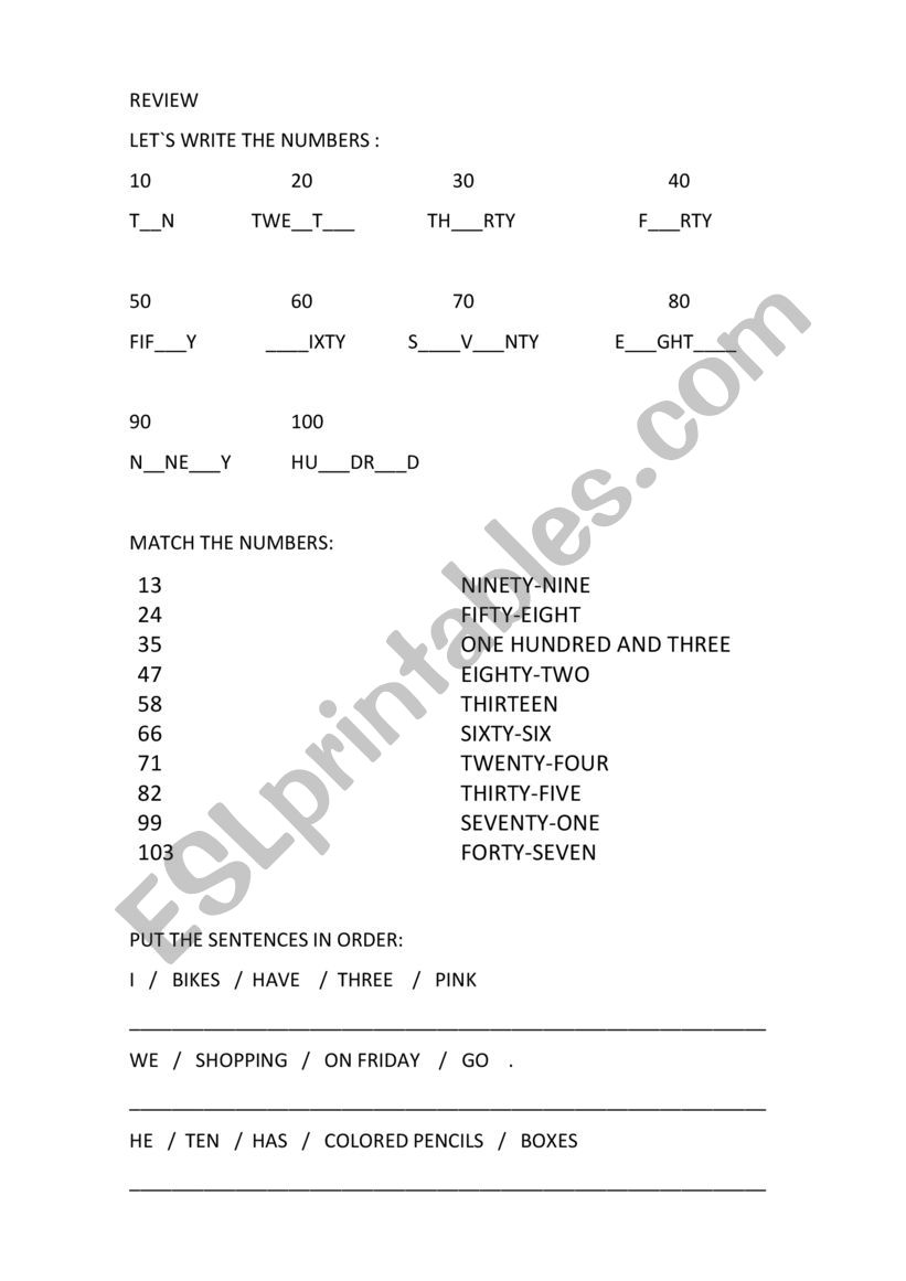 Kids review worksheet