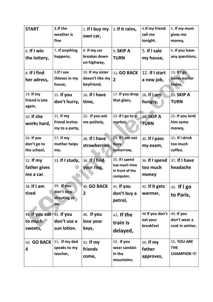 conditionals 1 game worksheet