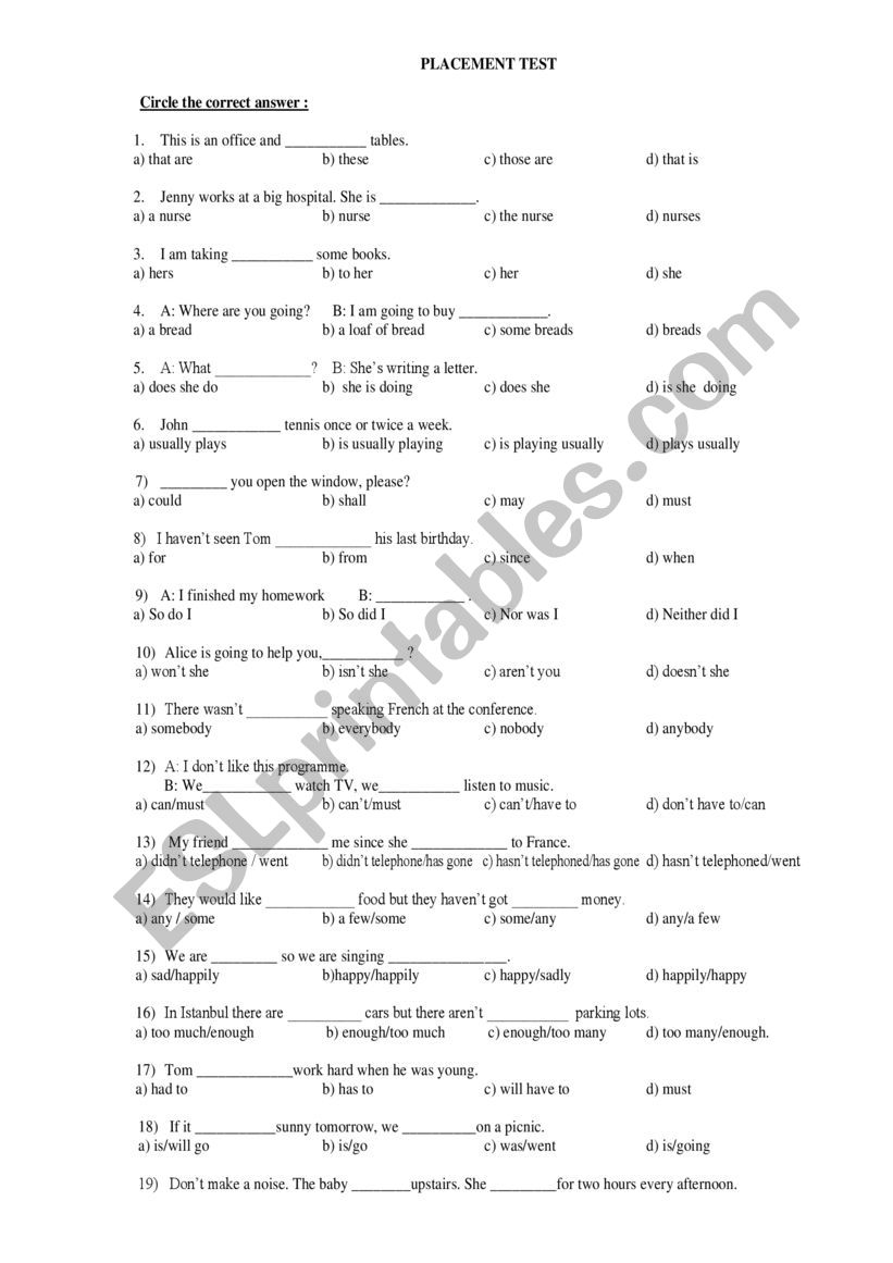 Placement test worksheet