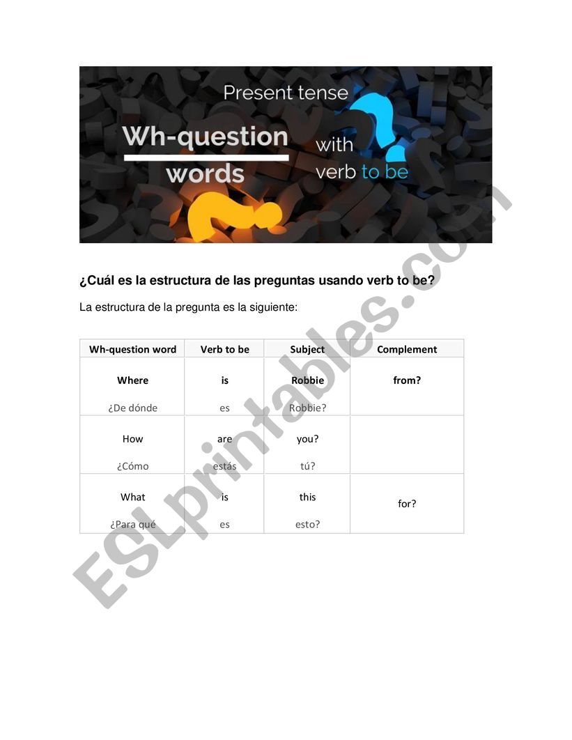 WH QUESTION WORDS AND TO BE worksheet