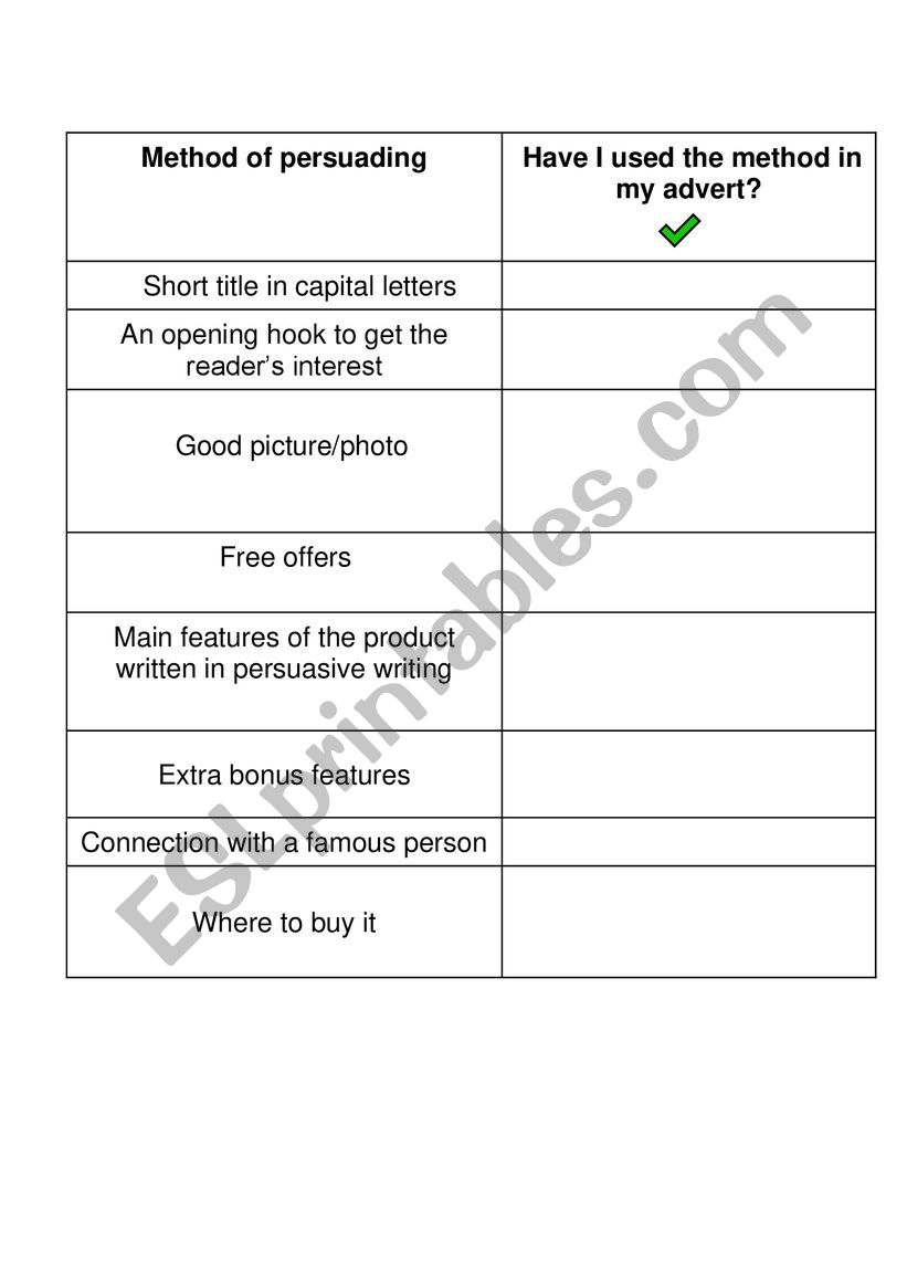 Persuasive adverts checklist worksheet