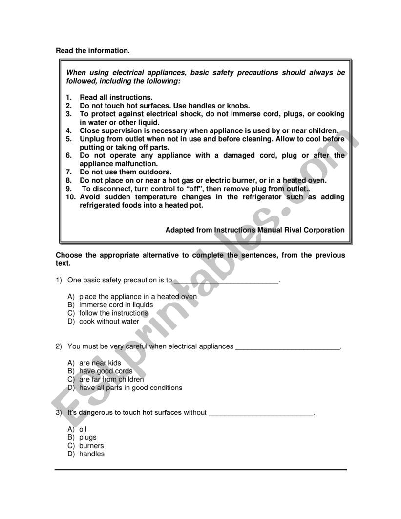 Electrical Appliances worksheet