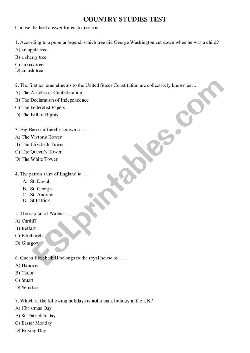 Country studies test worksheet