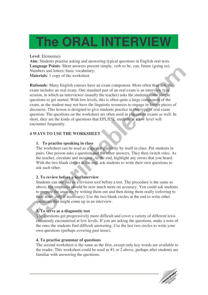 Oral  Interview-Speaking worksheet