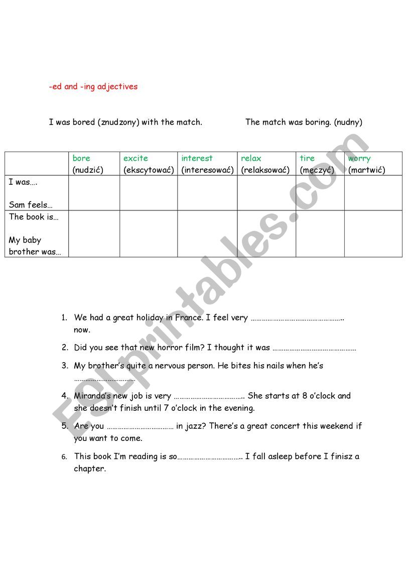 -ing and -ed adjectives worksheet