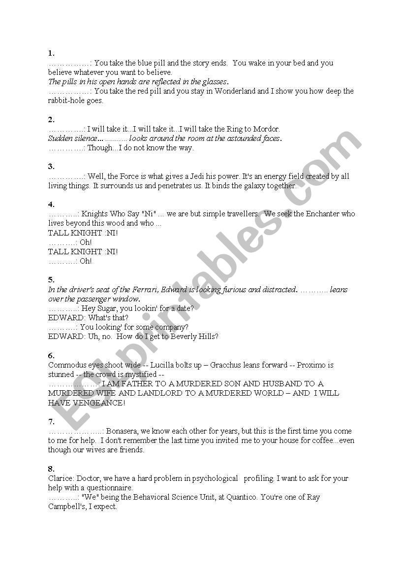 Extracts from movie scripts worksheet