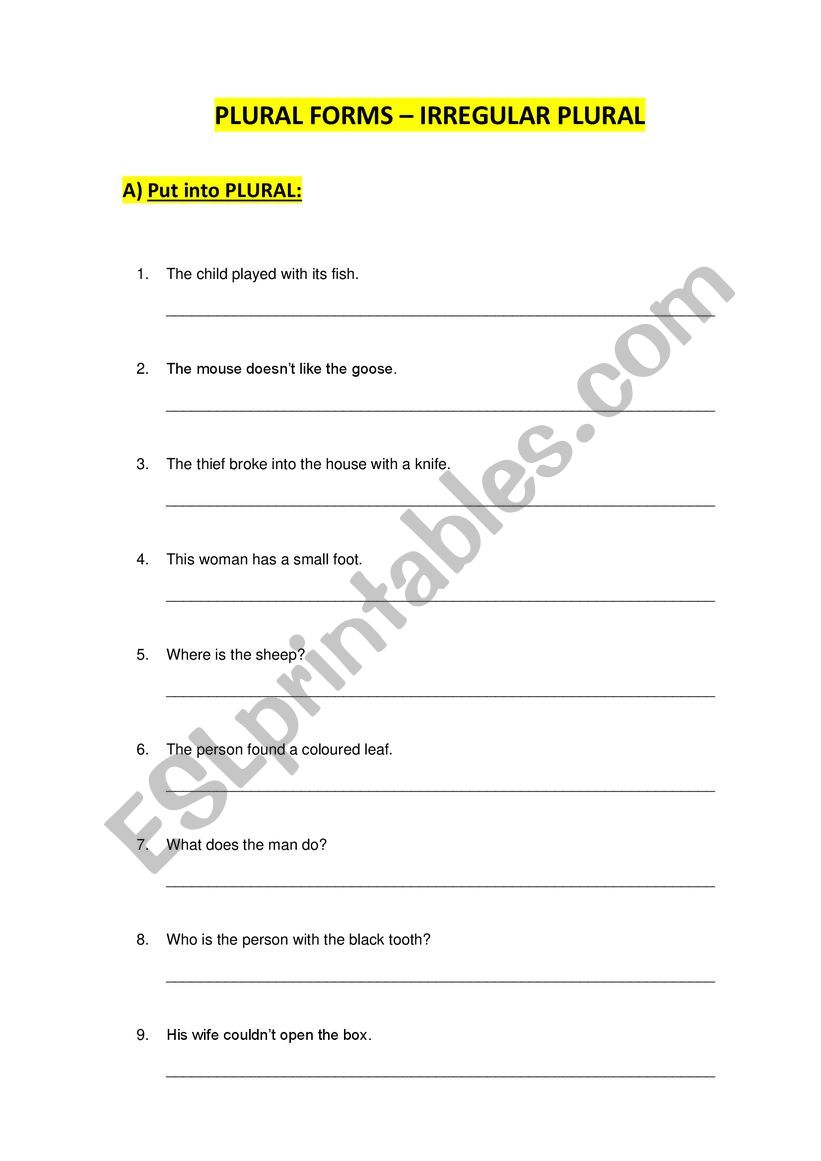 PLURALS and IRREGULAR PLURALS worksheet