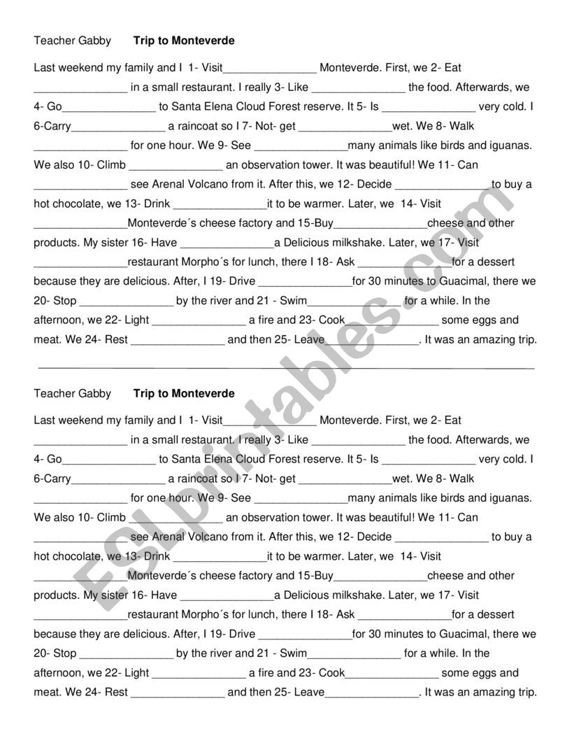 Trip to Monteverde worksheet