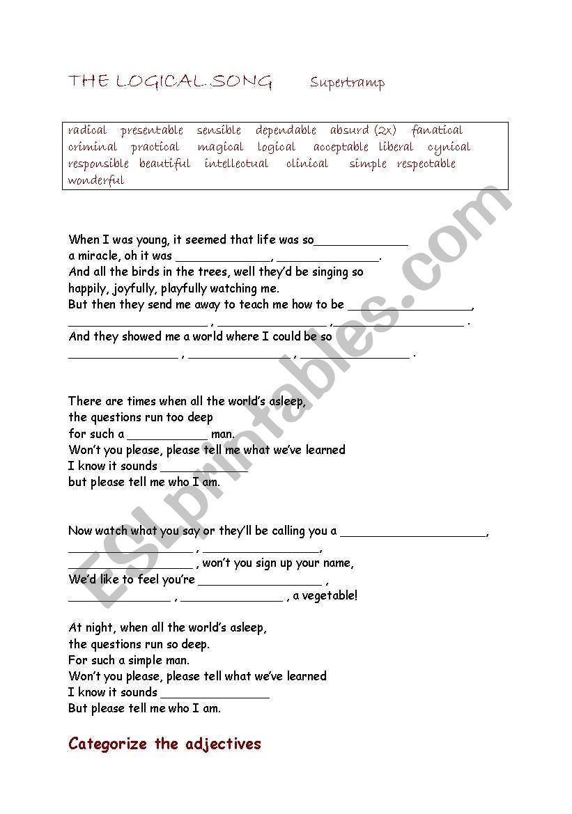 the logical song worksheet