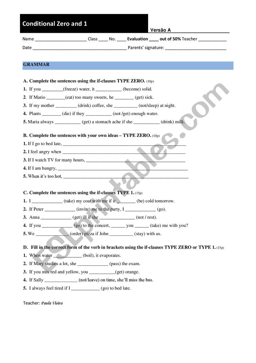 Conditionals 0 and 1 worksheet