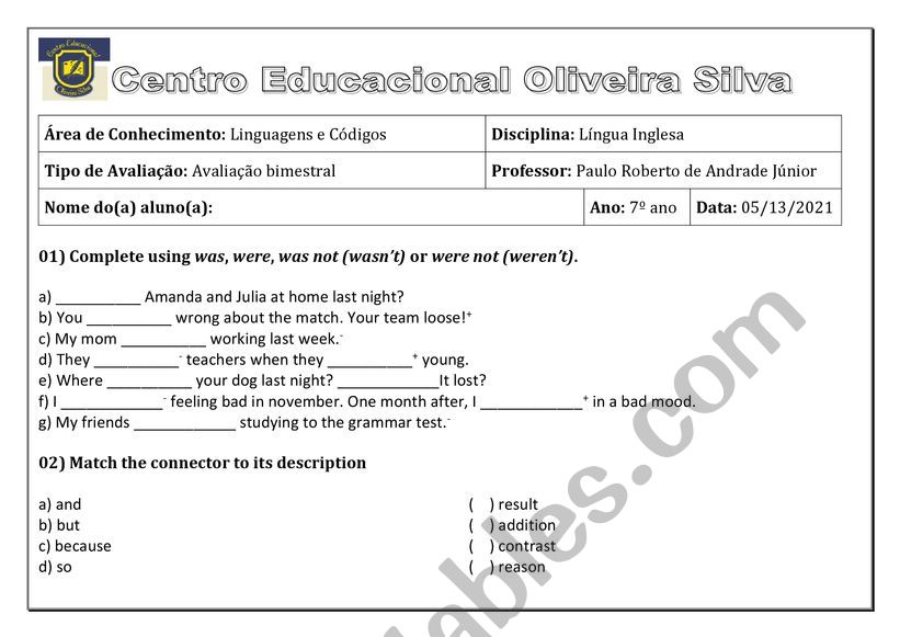 Avaliao de Ingls worksheet