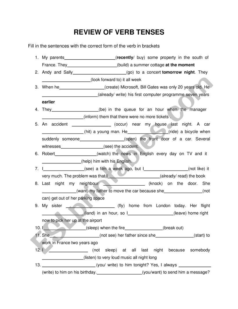 Review of Verb Tenses worksheet