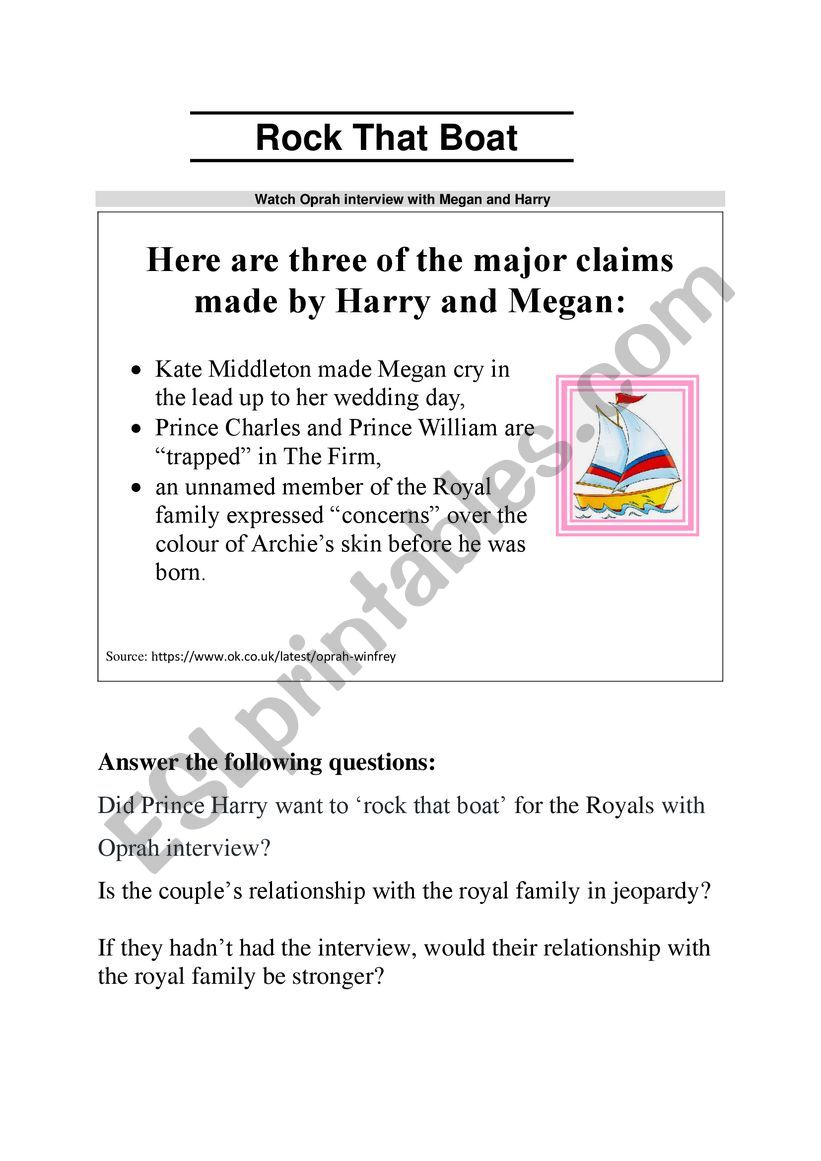 Rock That Boat - Prince Harry worksheet